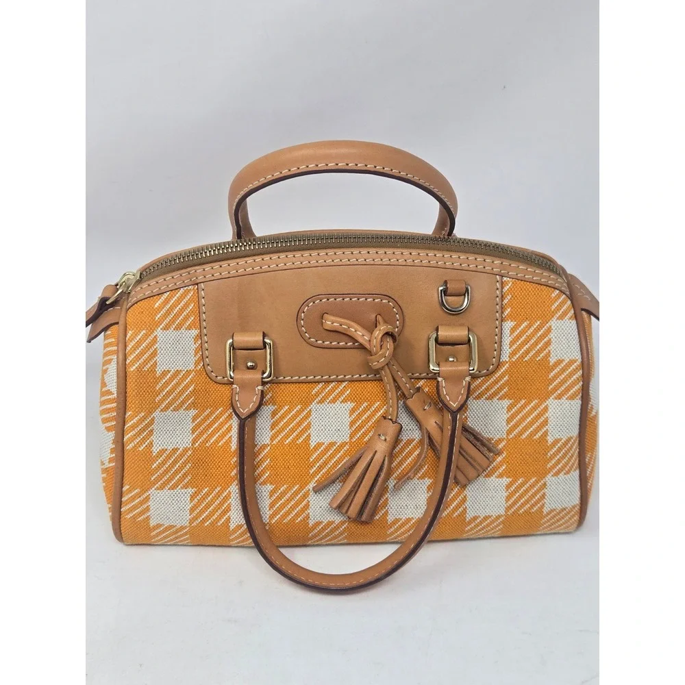 Dooney & Bourke Orange Gingham Canvas Leather Satchel Handbag Bag